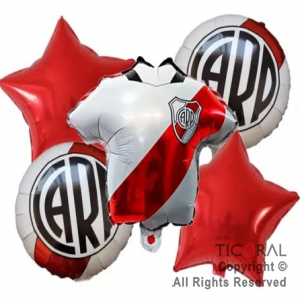 SET DE GLOBOS METALIZADO CAMISETA FUTBOL RIVER 5 UNIDADES X 1